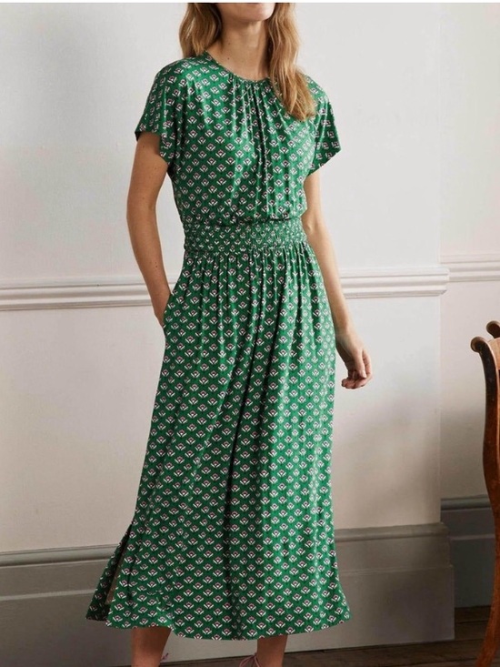 Boden Dresses & Skirts - Boden Dress Womens Size 12 Highland Geo Floral Kelly Green Smocked Waist Pockets